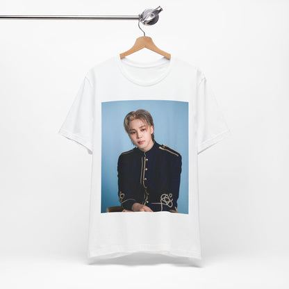 A black graphic t-shirt featuring a graphic related to Jimin's 'FACE' album era.