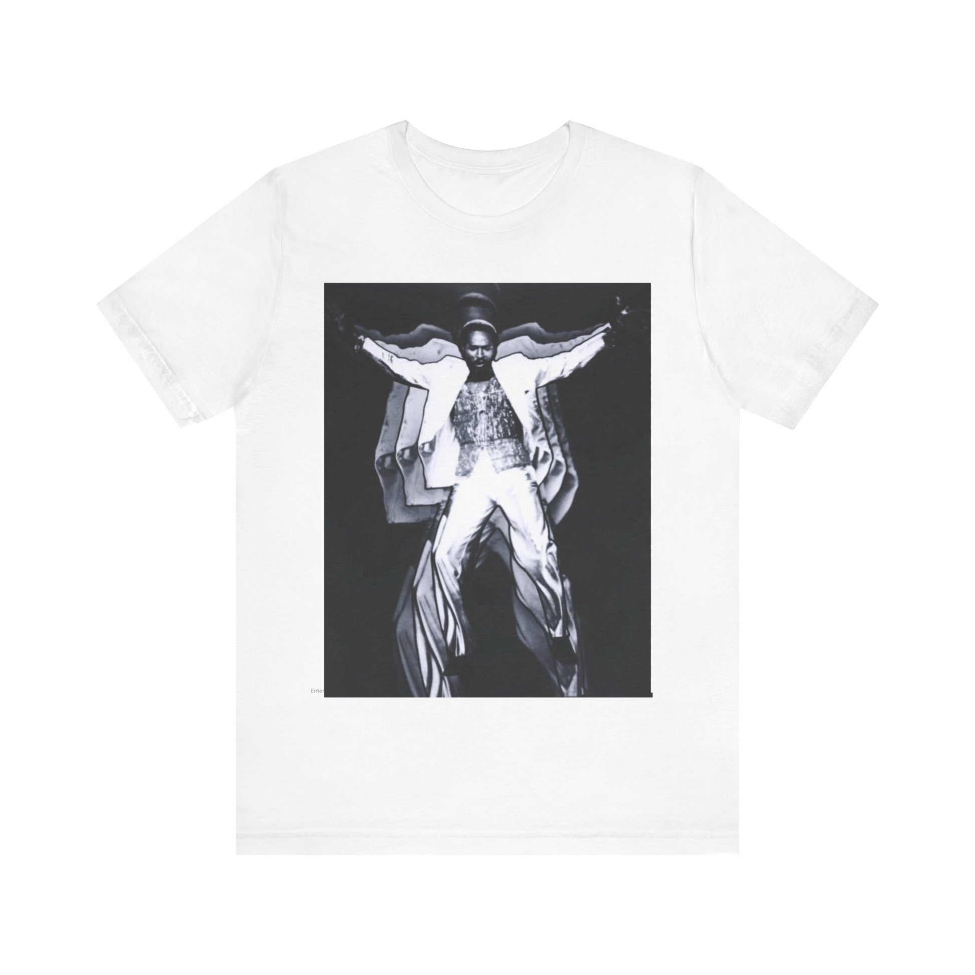 A black graphic t-shirt featuring a 70s aesthetic graphic of Marvin Gaye.