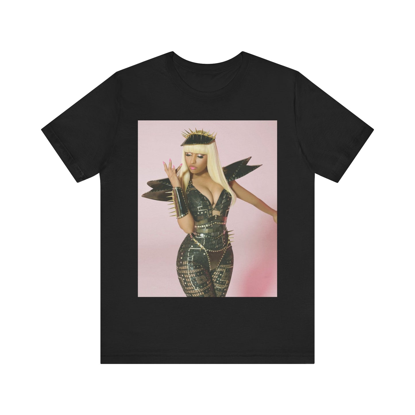 A black graphic t-shirt featuring a high fashion street vibe graphic of Nicki Minaj.