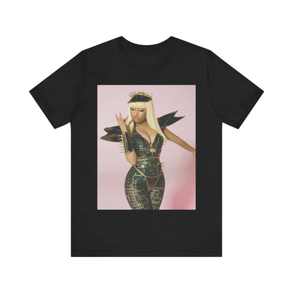 A black graphic t-shirt featuring a high fashion street vibe graphic of Nicki Minaj.