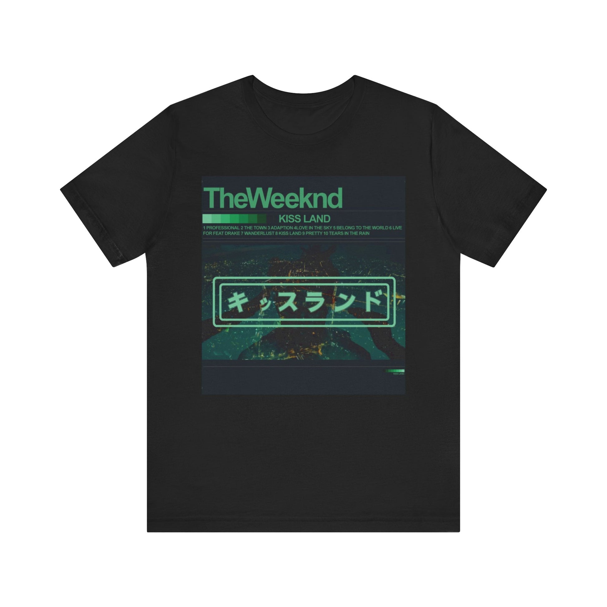 A black graphic t-shirt featuring a retro graphic related to The Weeknd's 'Kiss Land' album.