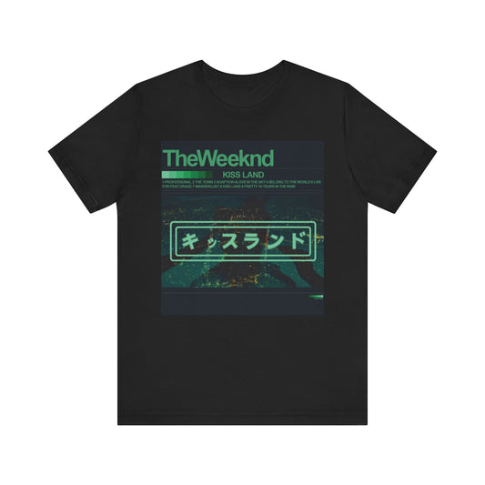 A black graphic t-shirt featuring a retro graphic related to The Weeknd's 'Kiss Land' album.