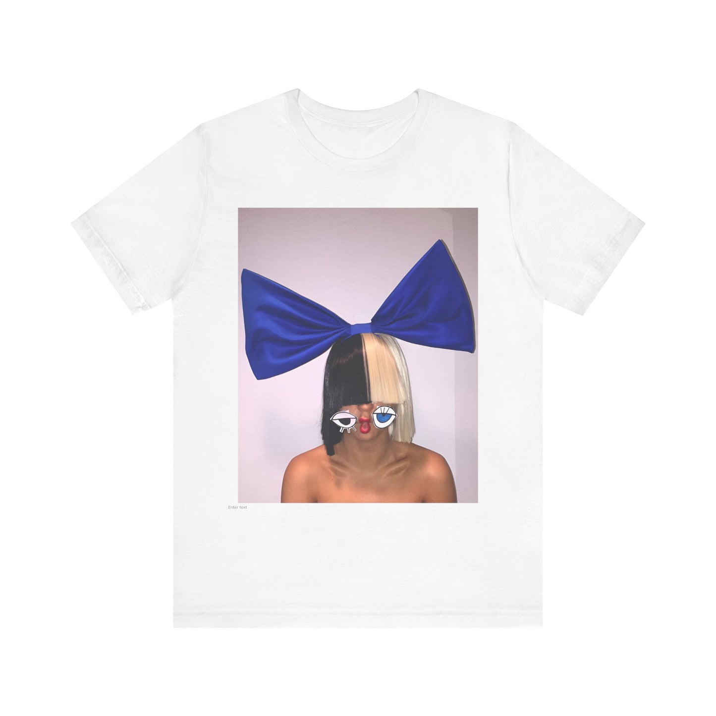 A black graphic t-shirt featuring a graphic of Sia with her iconic wig, in an aesthetic style.