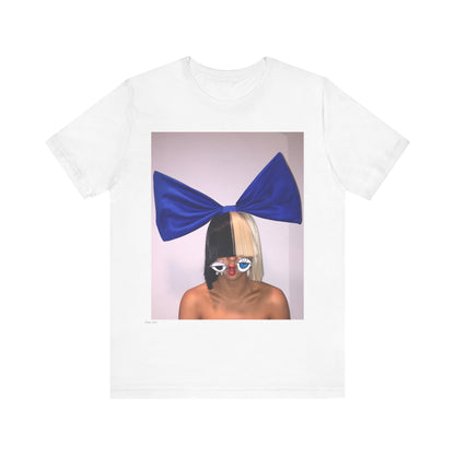 A black graphic t-shirt featuring a graphic of Sia with her iconic wig, in an aesthetic style.