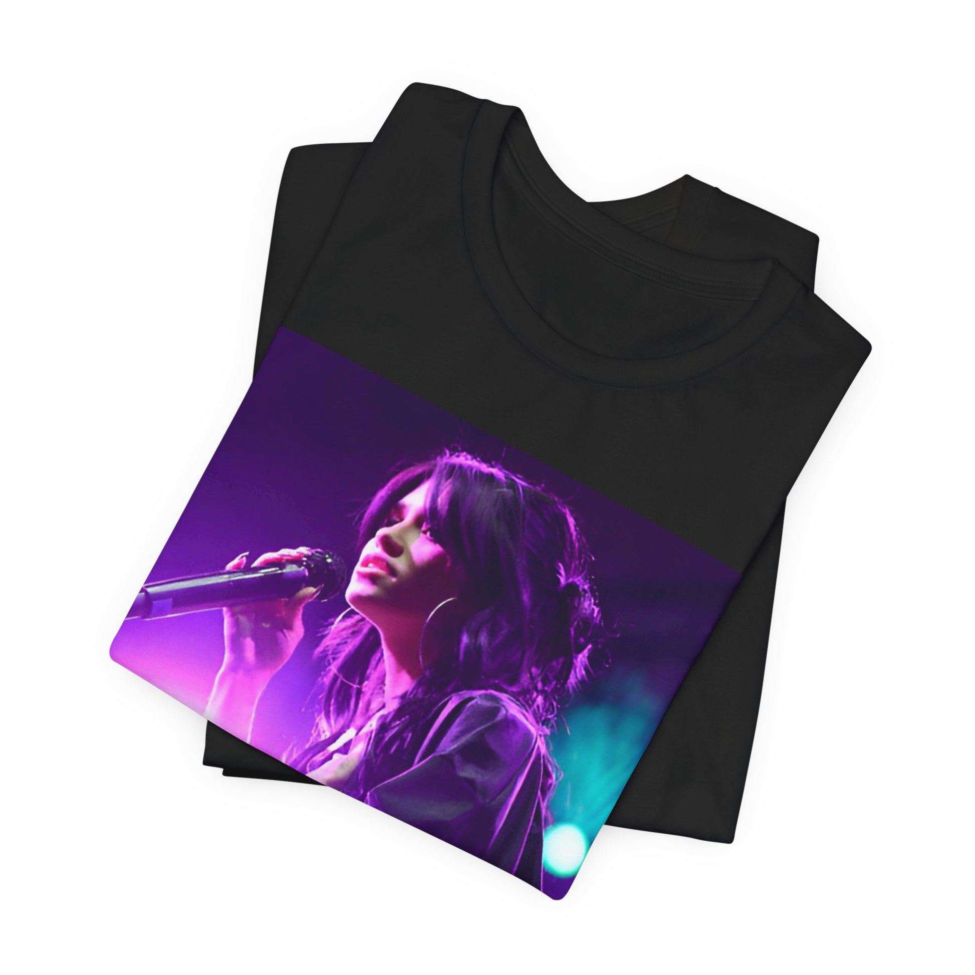A black graphic t-shirt featuring a graphic or photo of Nessa Barrett performing live on stage.