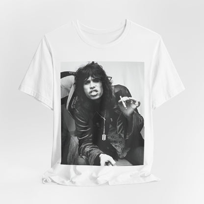 A black graphic t-shirt featuring a retro 70s photo of Aerosmith band members lounging in leather, exuding a cool, classic rock vibe.