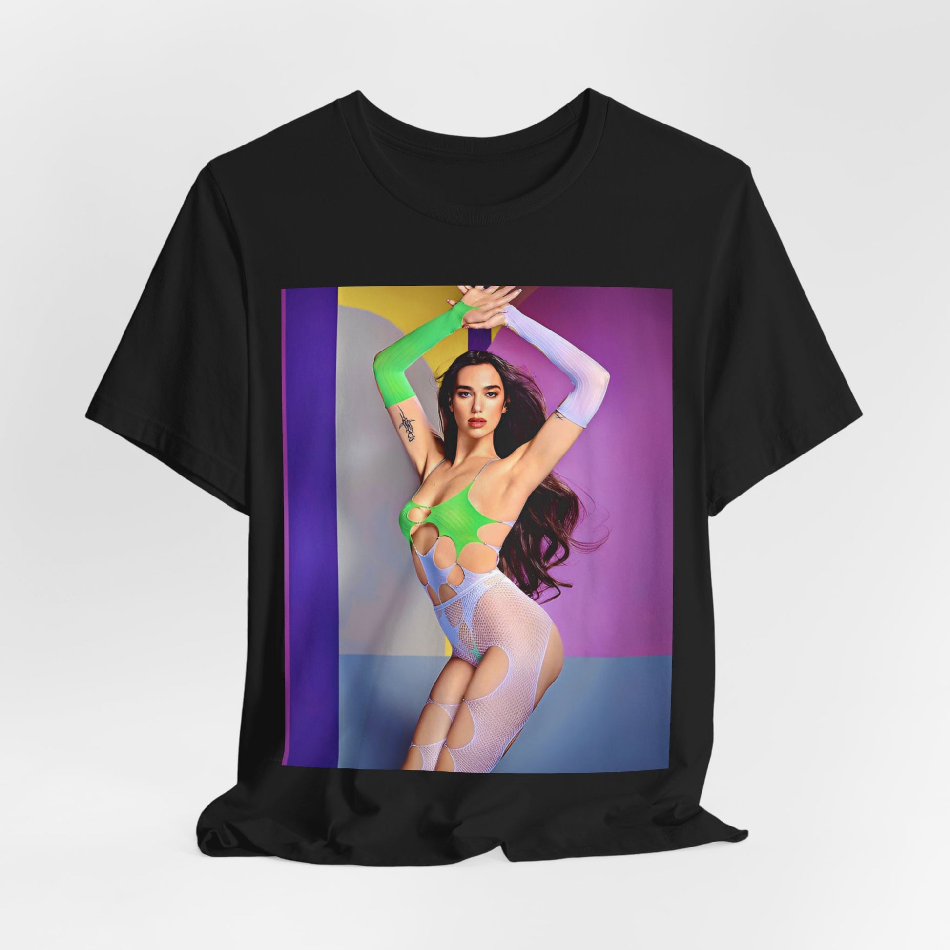 A black graphic t-shirt featuring a casual graphic related to Dua Lipa's "Future Nostalgia" era.