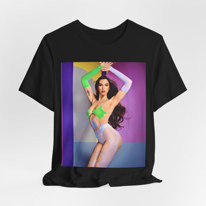 A black graphic t-shirt featuring a casual graphic related to Dua Lipa's "Future Nostalgia" era.