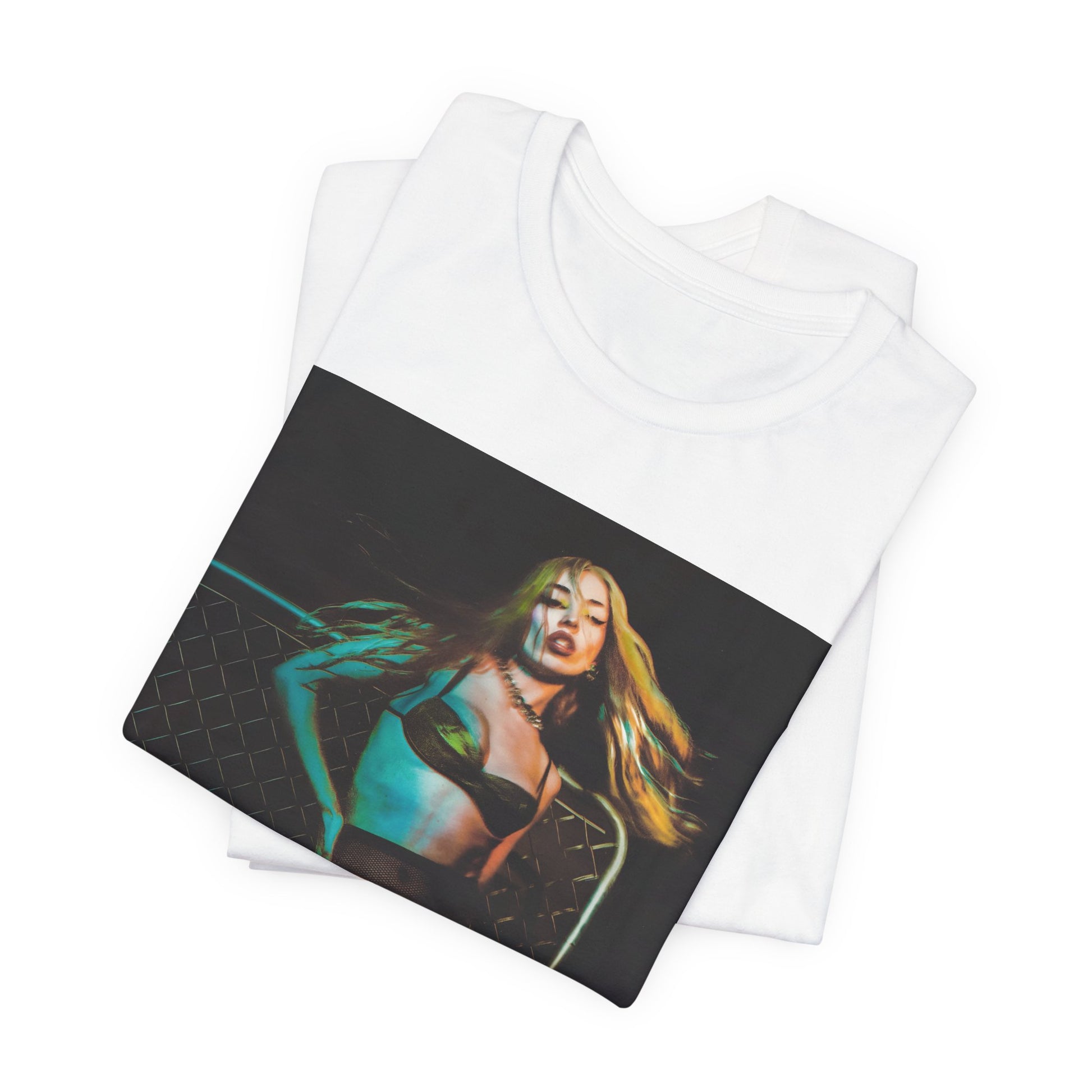 A black graphic t-shirt featuring a neon pop art style graphic of Ava Max, with bright, glowing colors and possibly a 'Pop Queen' title.