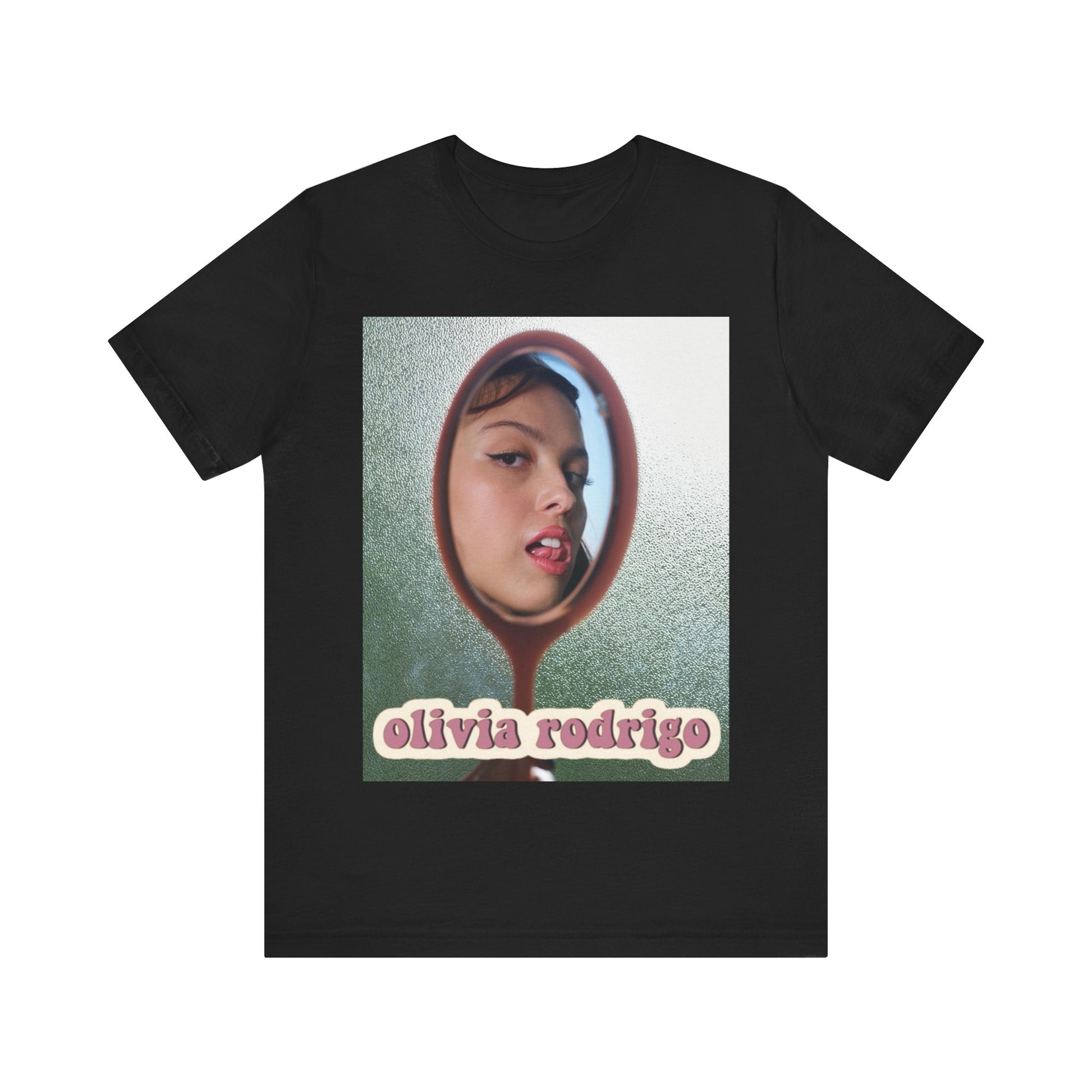 A black graphic t-shirt featuring a Y2K pop aesthetic graphic of Olivia Rodrigo.