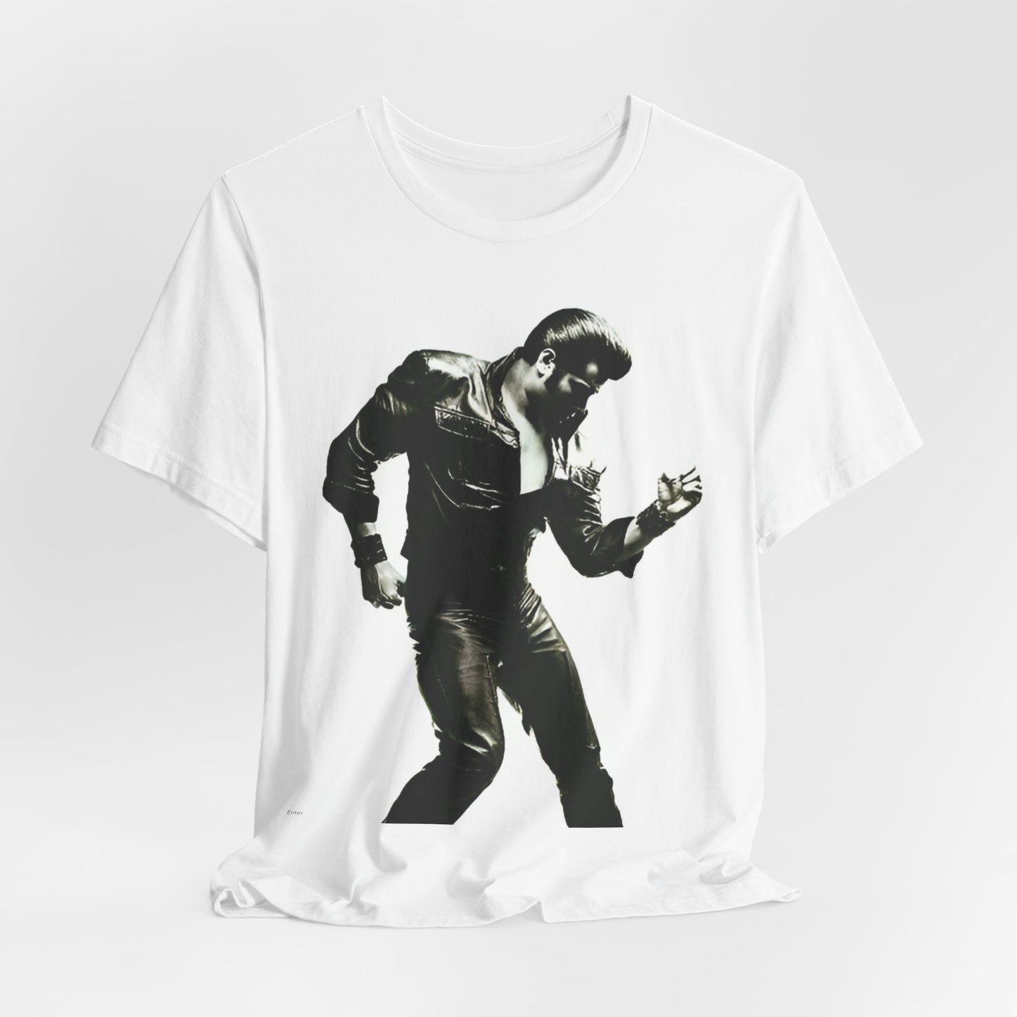 A black graphic t-shirt featuring a retro black and white monochrome photo or graphic of Elvis Presley.