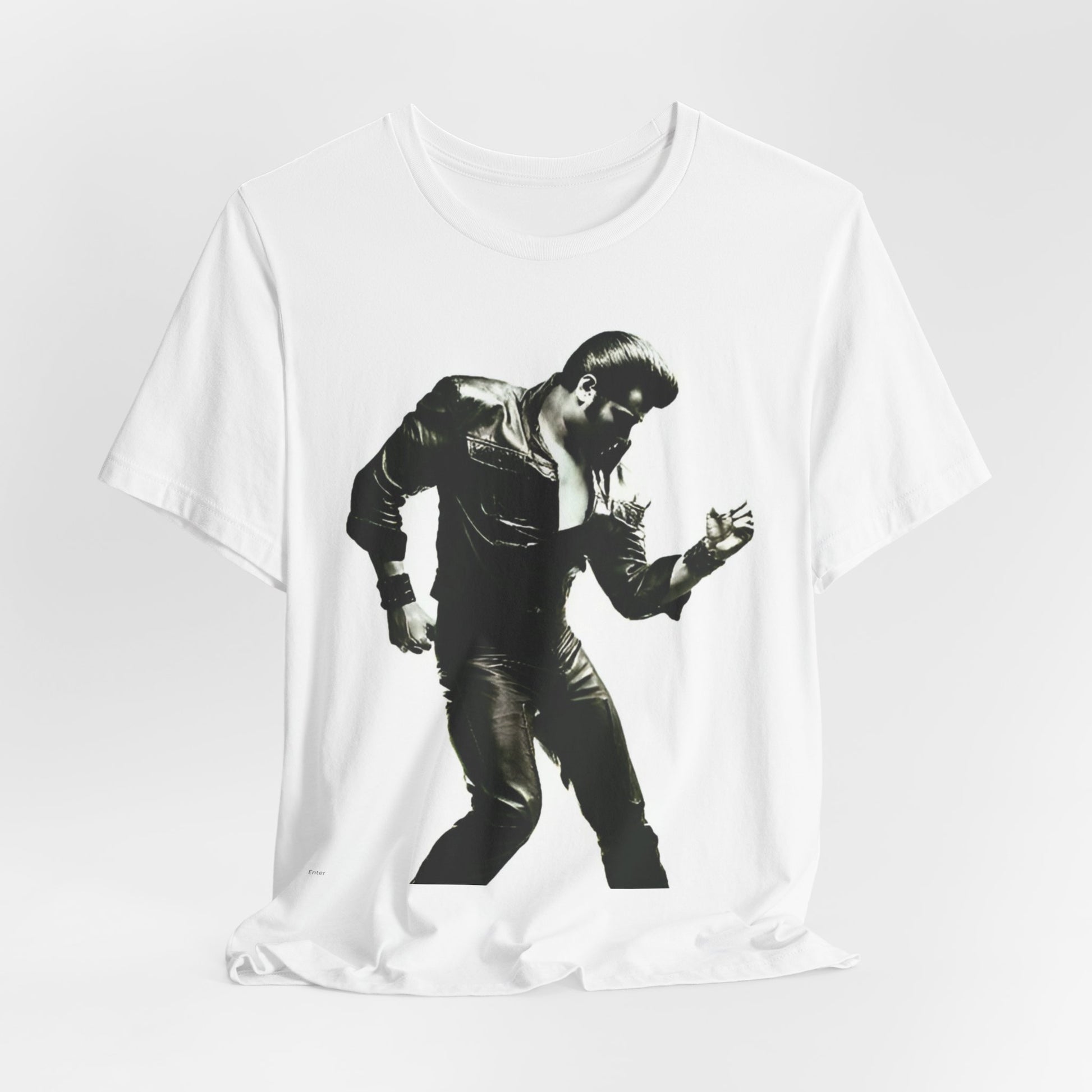 A black graphic t-shirt featuring a retro black and white monochrome photo or graphic of Elvis Presley.