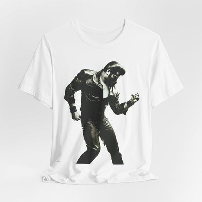 A black graphic t-shirt featuring a retro black and white monochrome photo or graphic of Elvis Presley.