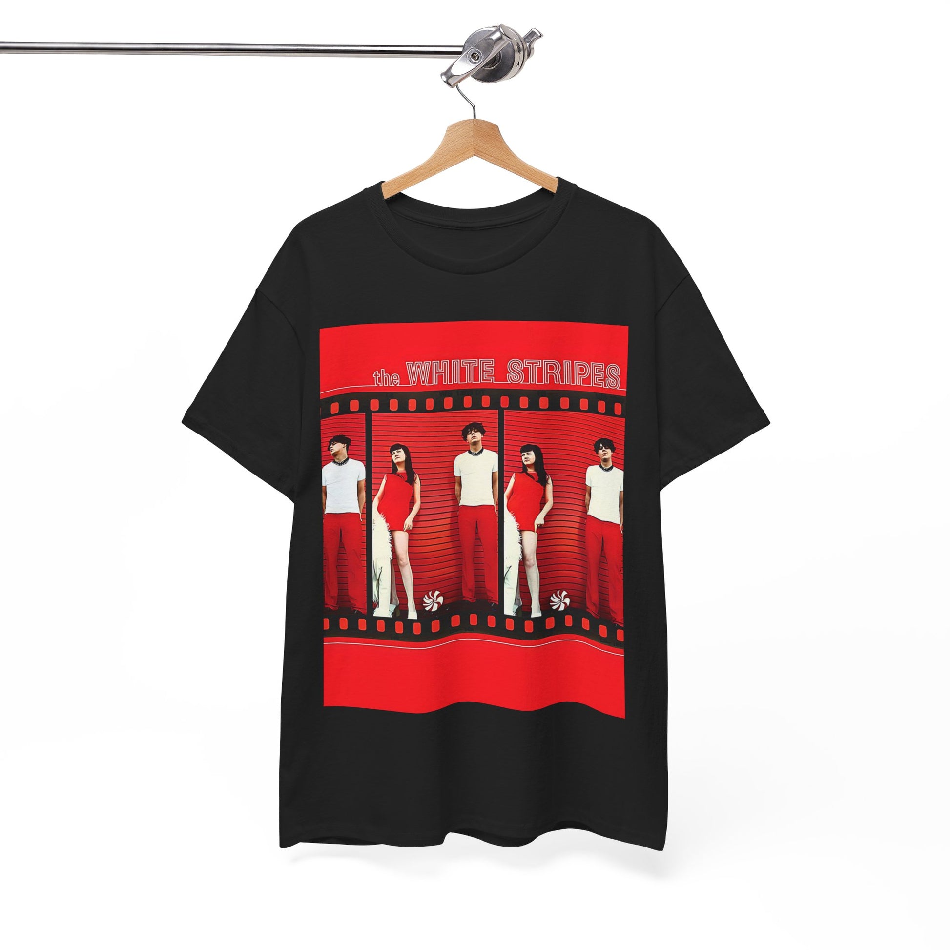 A black graphic t-shirt featuring an authentic blues rock duo graphic of The White Stripes.