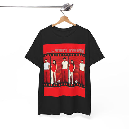 A black graphic t-shirt featuring an authentic blues rock duo graphic of The White Stripes.