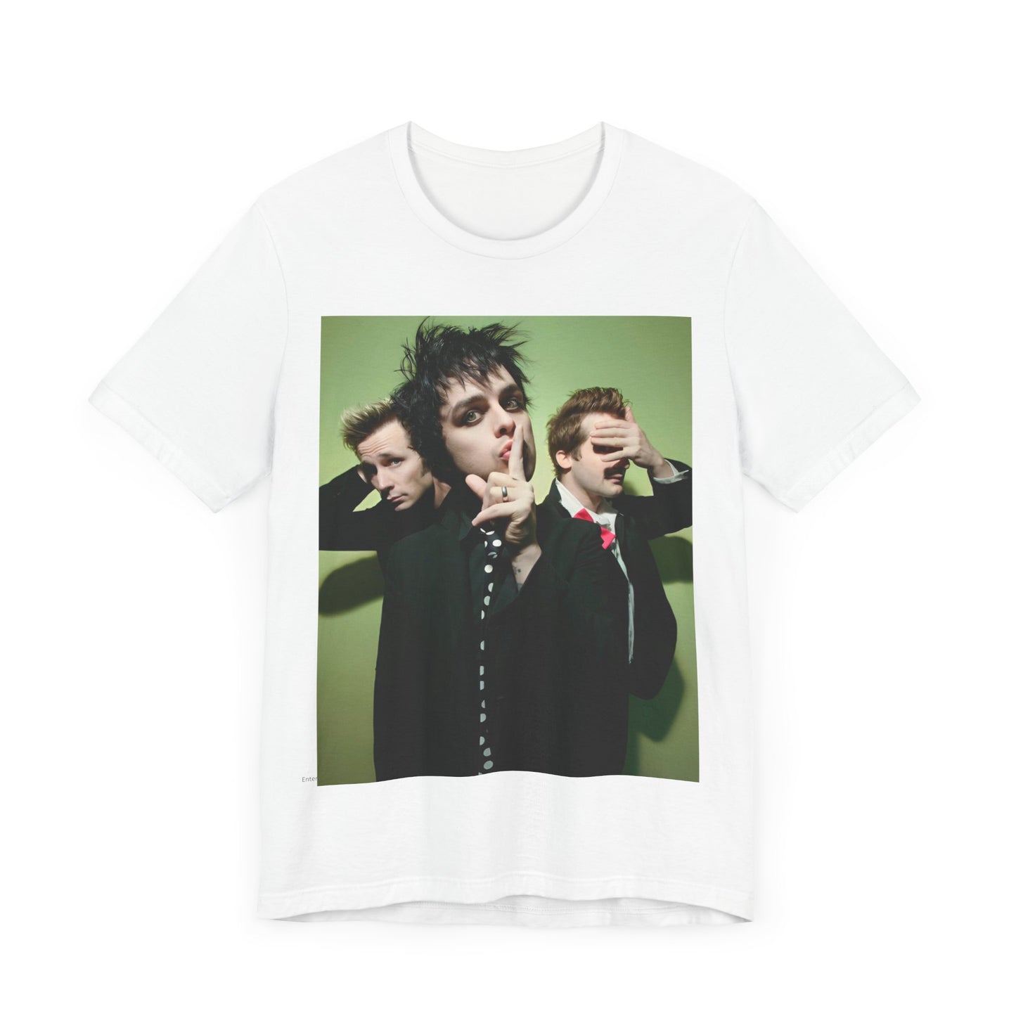 A black graphic t-shirt featuring a classic 90s pop-punk aesthetic graphic of Green Day.