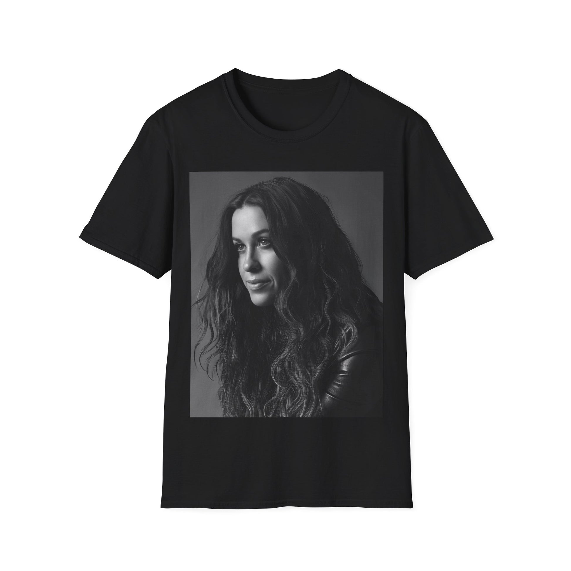 A black graphic t-shirt featuring a 90s-style black and white portrait of Alanis Morissette, showing her with a poised or thoughtful expression.