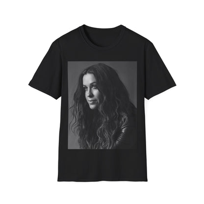 A black graphic t-shirt featuring a 90s-style black and white portrait of Alanis Morissette, showing her with a poised or thoughtful expression.