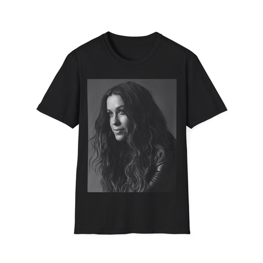 A black graphic t-shirt featuring a 90s-style black and white portrait of Alanis Morissette, showing her with a poised or thoughtful expression.