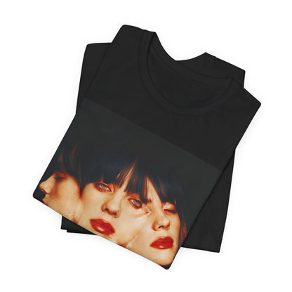 A classic, glamorous portrait of Billie Eilish as a pop star, with blonde hair and a confident gaze, printed on a t-shirt.