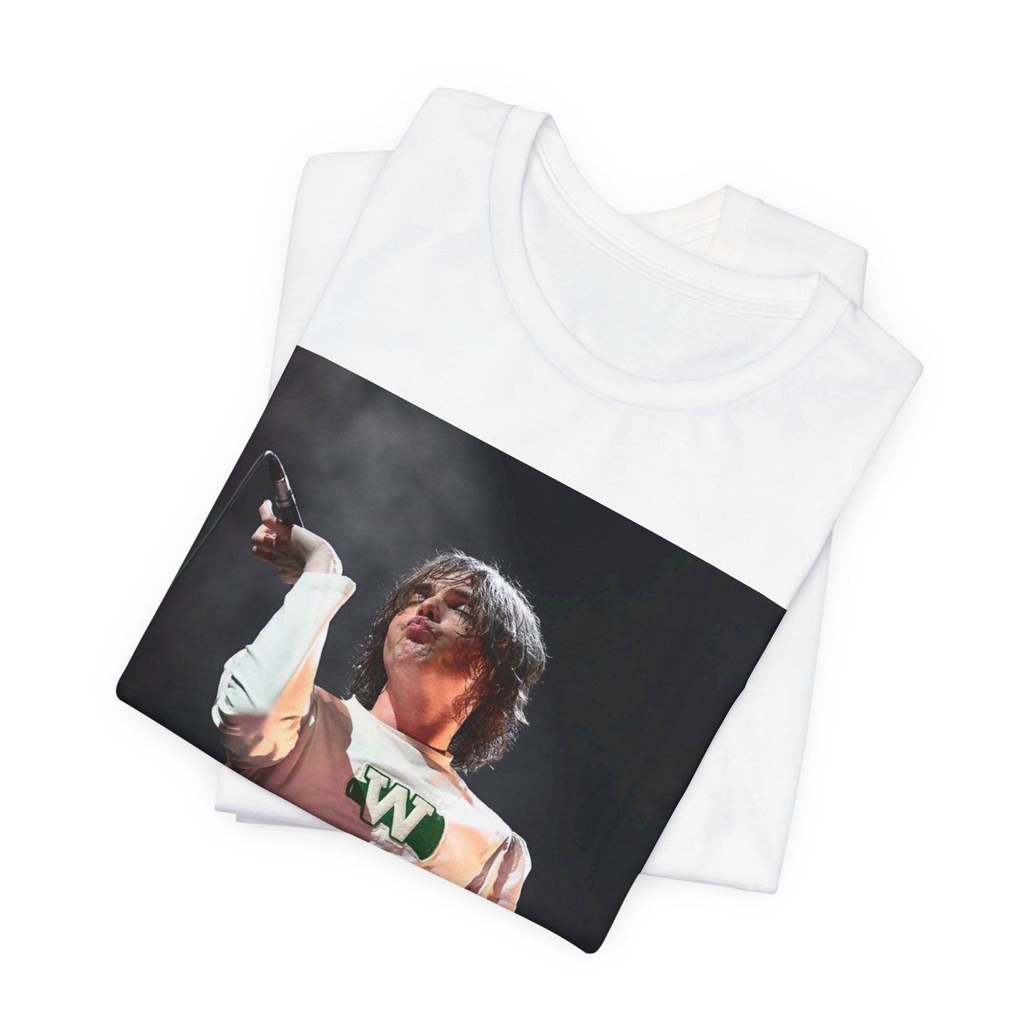 A black graphic t-shirt featuring a photo of My Chemical Romance, possibly with a cheerleader theme.