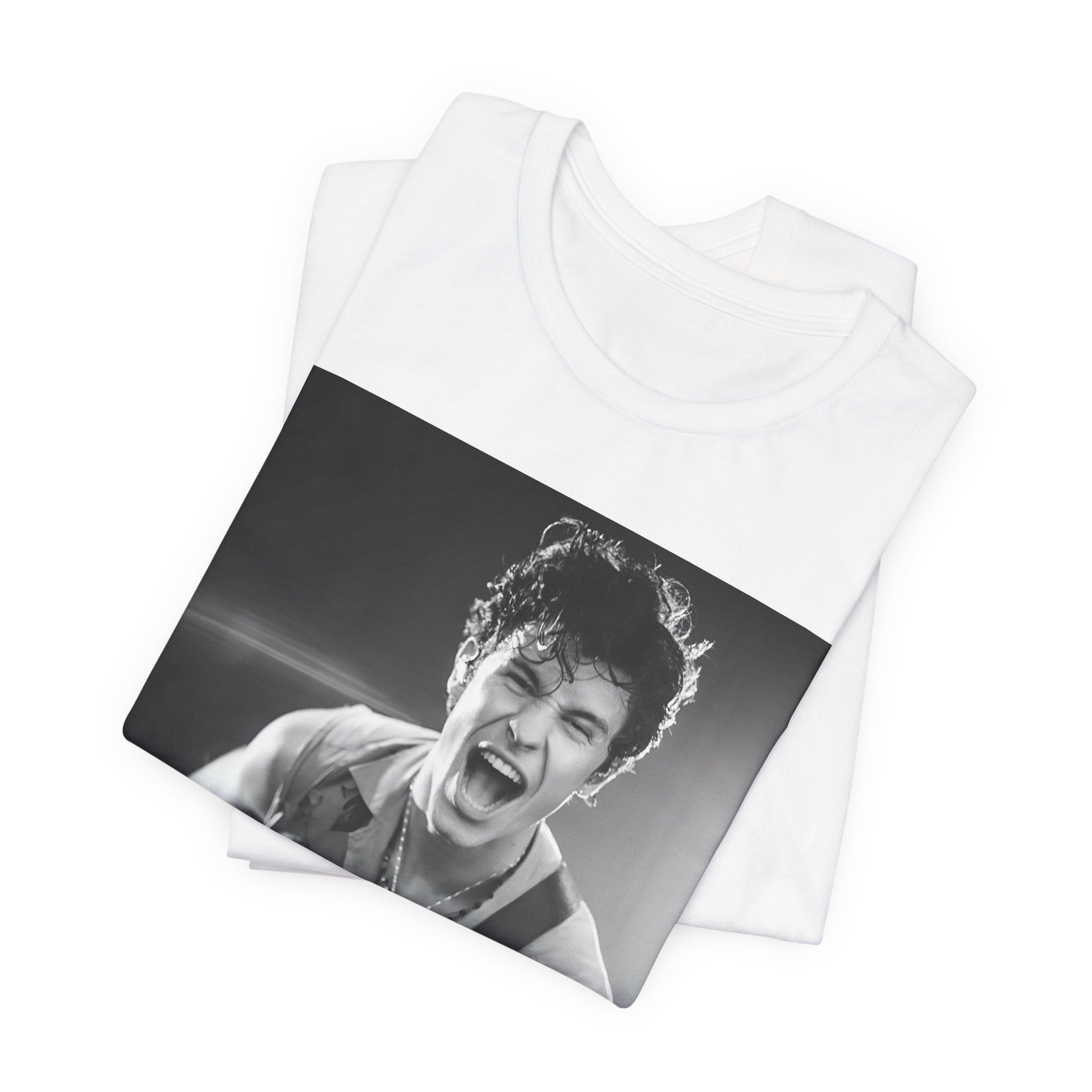 A black graphic t-shirt featuring a black and white photo of Shawn Mendes, emphasizing his charm.