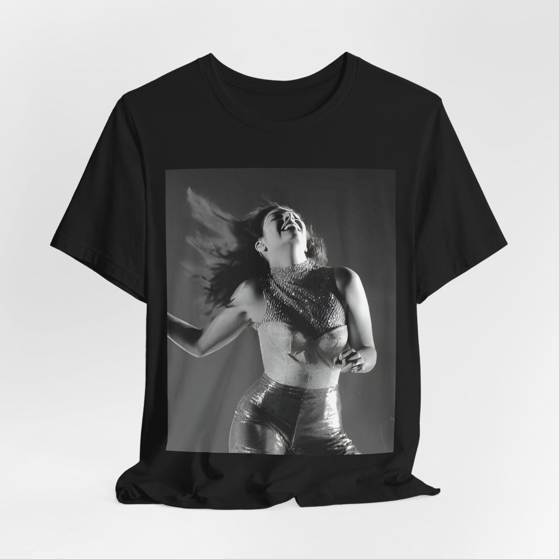 A black graphic t-shirt featuring a black and white, monochrome graphic or portrait of Lorde.