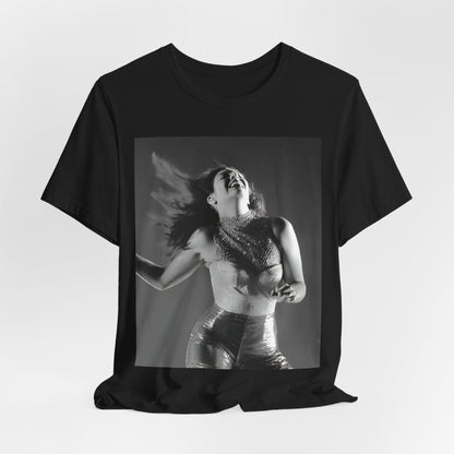 A black graphic t-shirt featuring a black and white, monochrome graphic or portrait of Lorde.