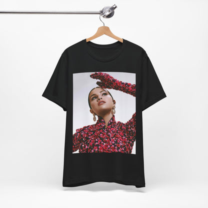 A black graphic t-shirt featuring a classic aesthetic graphic of Selena Gomez.