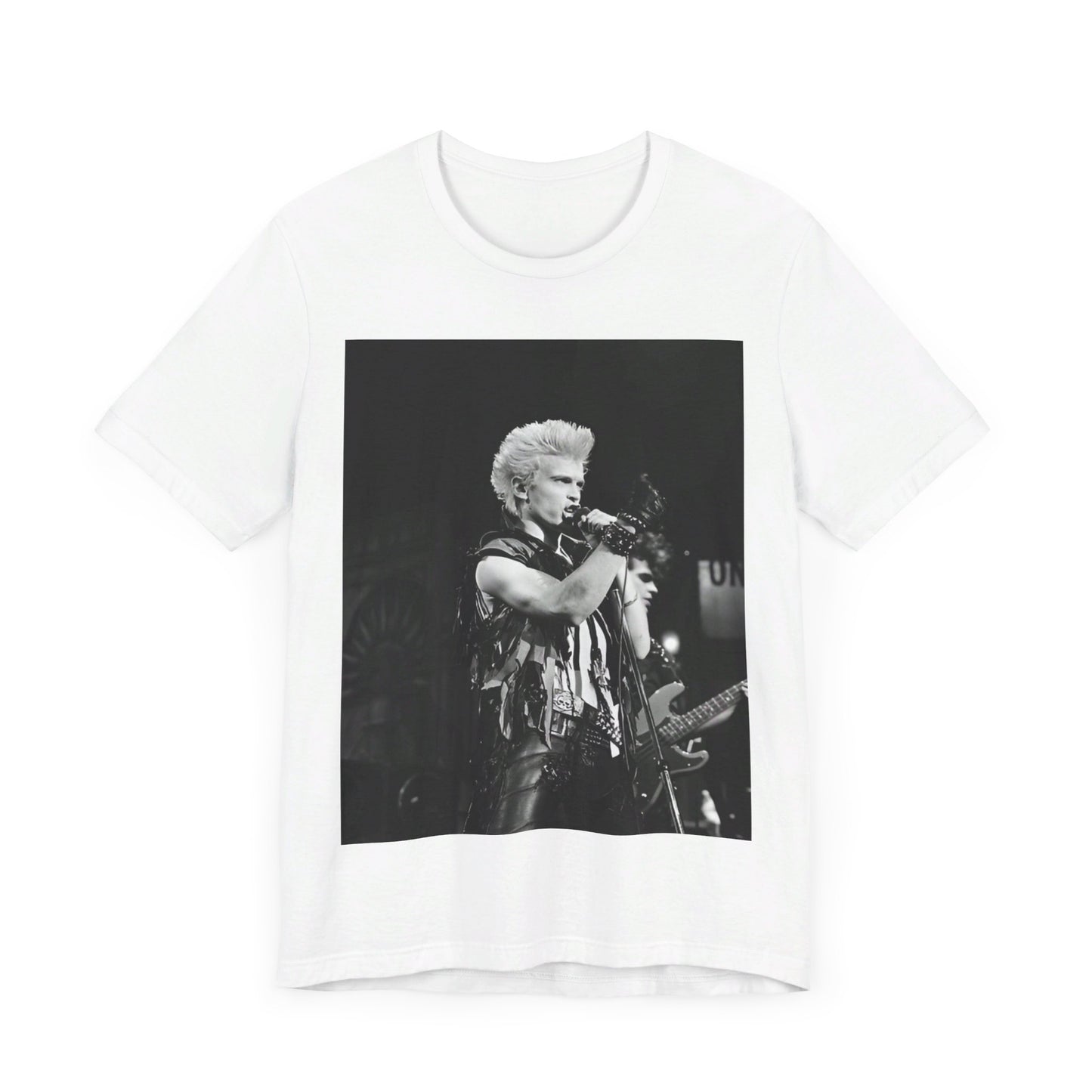 A black graphic t-shirt featuring a relaxed or candid graphic of Billy Idol, possibly on stage or in a merch style.