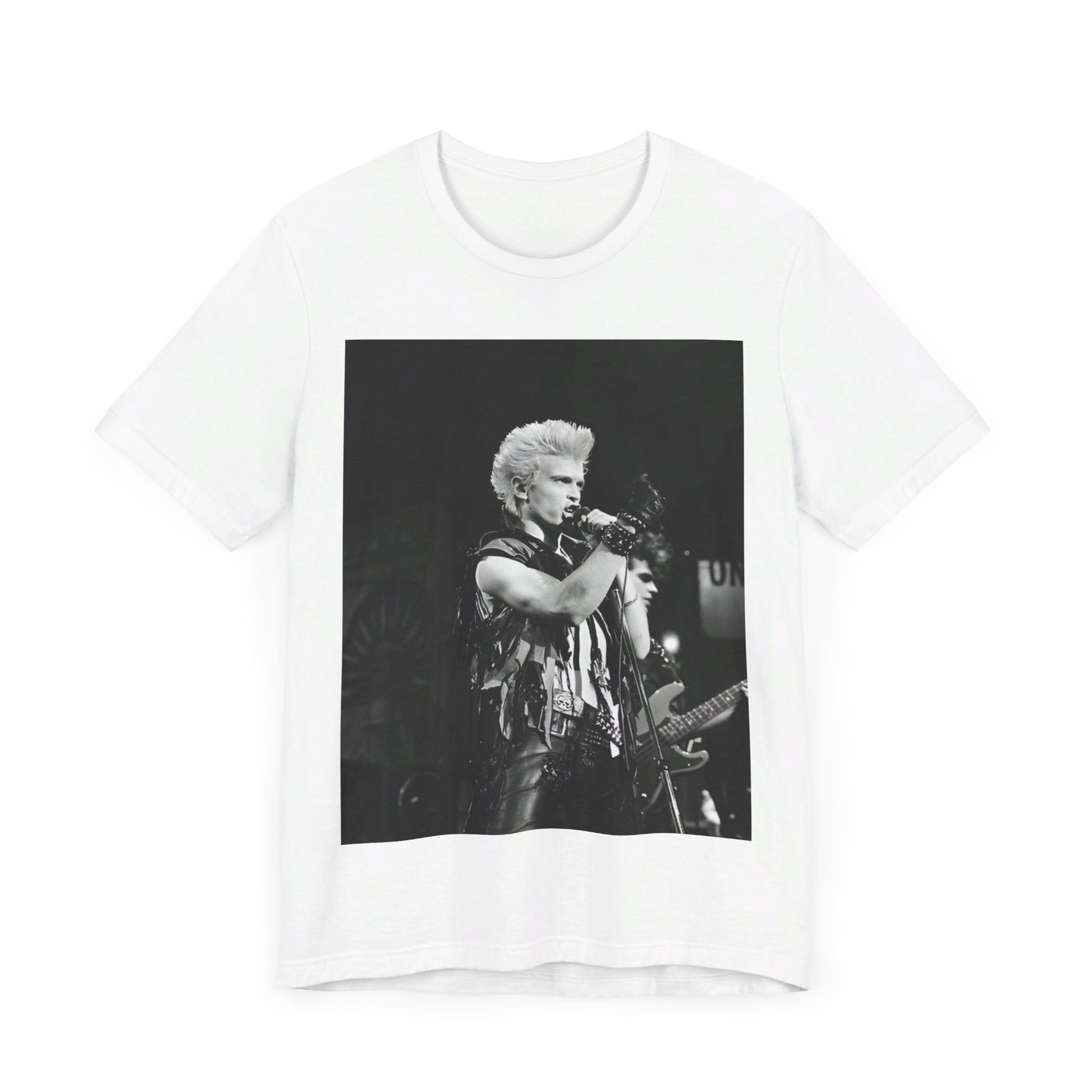 A black graphic t-shirt featuring a relaxed or candid graphic of Billy Idol, possibly on stage or in a merch style.