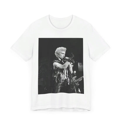 A black graphic t-shirt featuring a relaxed or candid graphic of Billy Idol, possibly on stage or in a merch style.