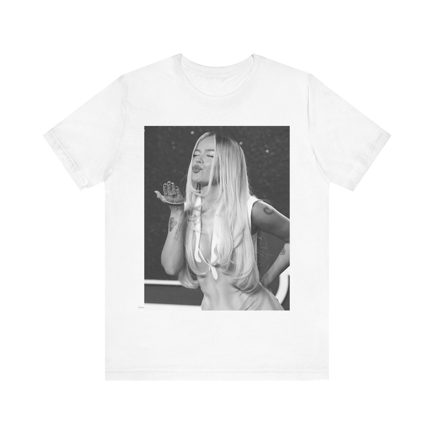 A black graphic t-shirt featuring a graphic of Karol G with a 'La Bichota Kiss' theme.