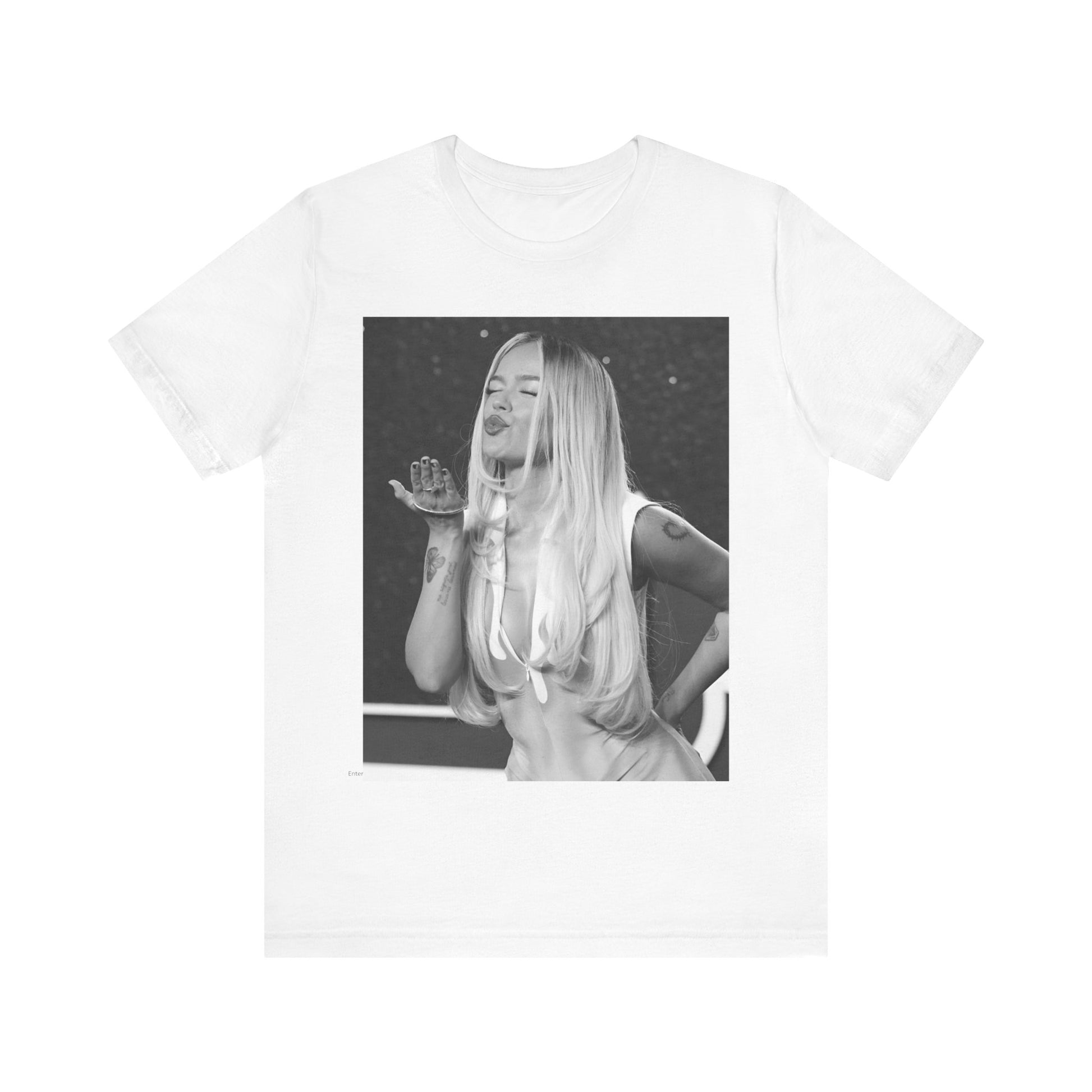 A black graphic t-shirt featuring a graphic of Karol G with a 'La Bichota Kiss' theme.