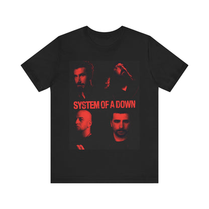 A black graphic t-shirt featuring a modern metal essential graphic of System of a Down.