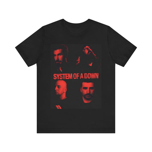 A black graphic t-shirt featuring a modern metal essential graphic of System of a Down.