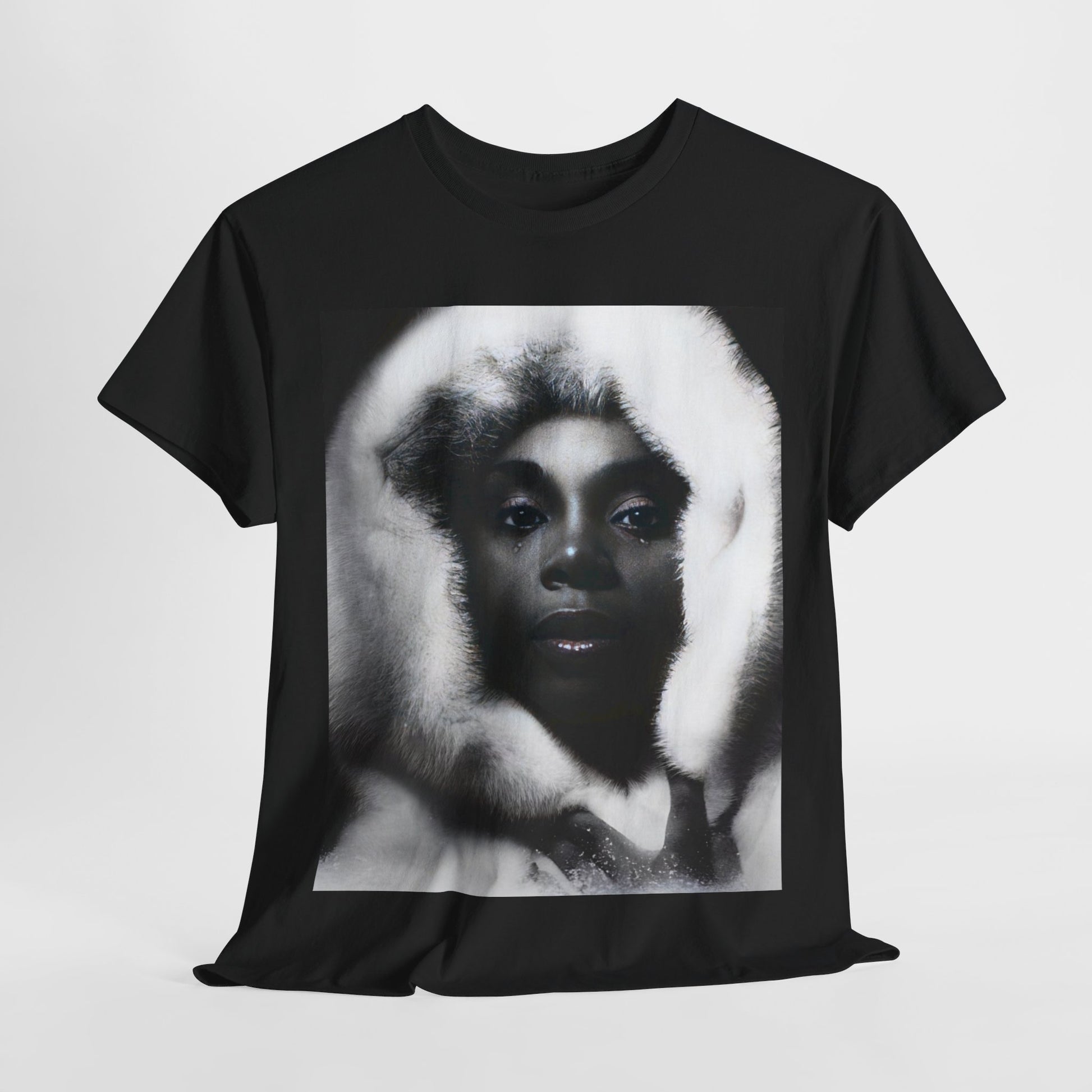 A black graphic t-shirt featuring a black and white, monochrome graphic or portrait of Donna Summer.