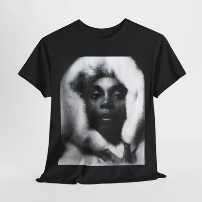 A black graphic t-shirt featuring a black and white, monochrome graphic or portrait of Donna Summer.