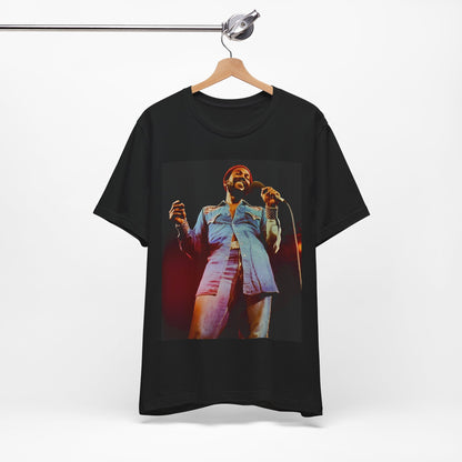 A black graphic t-shirt featuring a graphic of Marvin Gaye with groovy funk vibes.