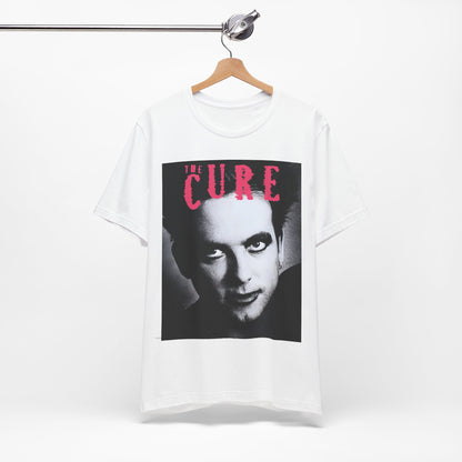 A black graphic t-shirt featuring an 80s post-punk aesthetic graphic of The Cure.