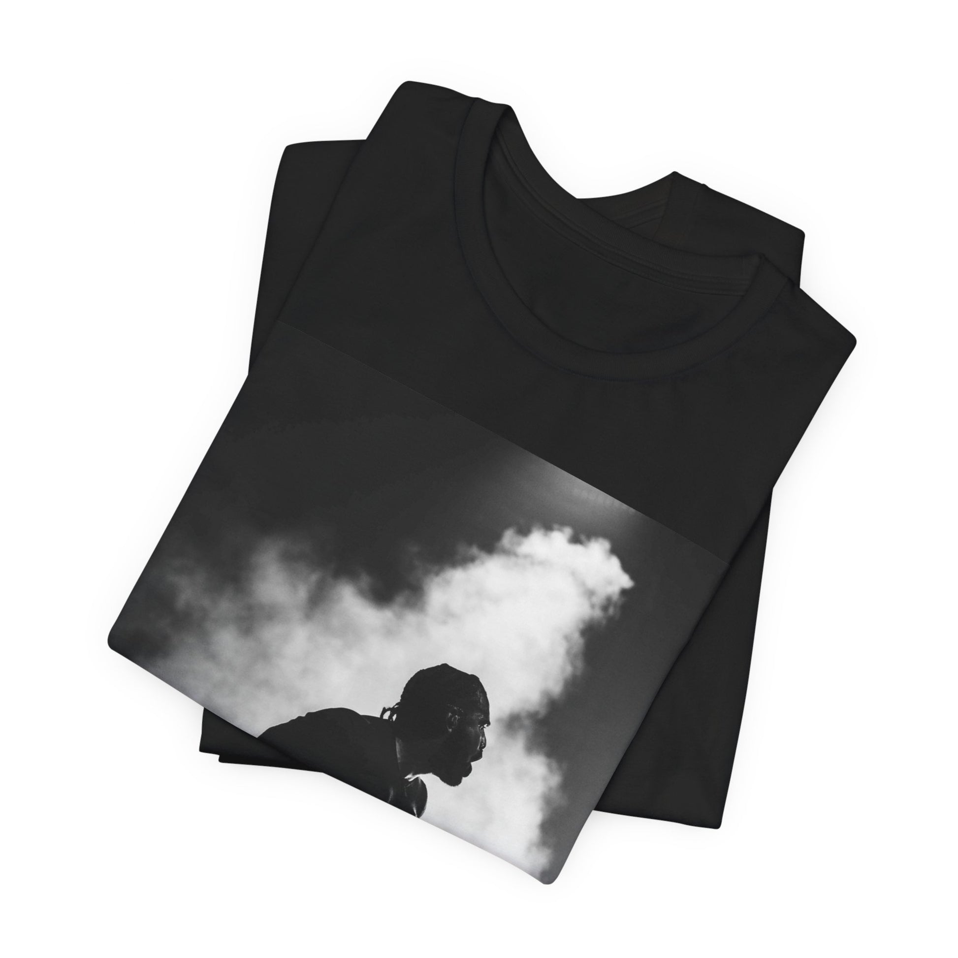 A black graphic t-shirt featuring a timeless black and white graphic or photo portrait of Drake.