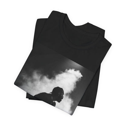 A black graphic t-shirt featuring a timeless black and white graphic or photo portrait of Drake.