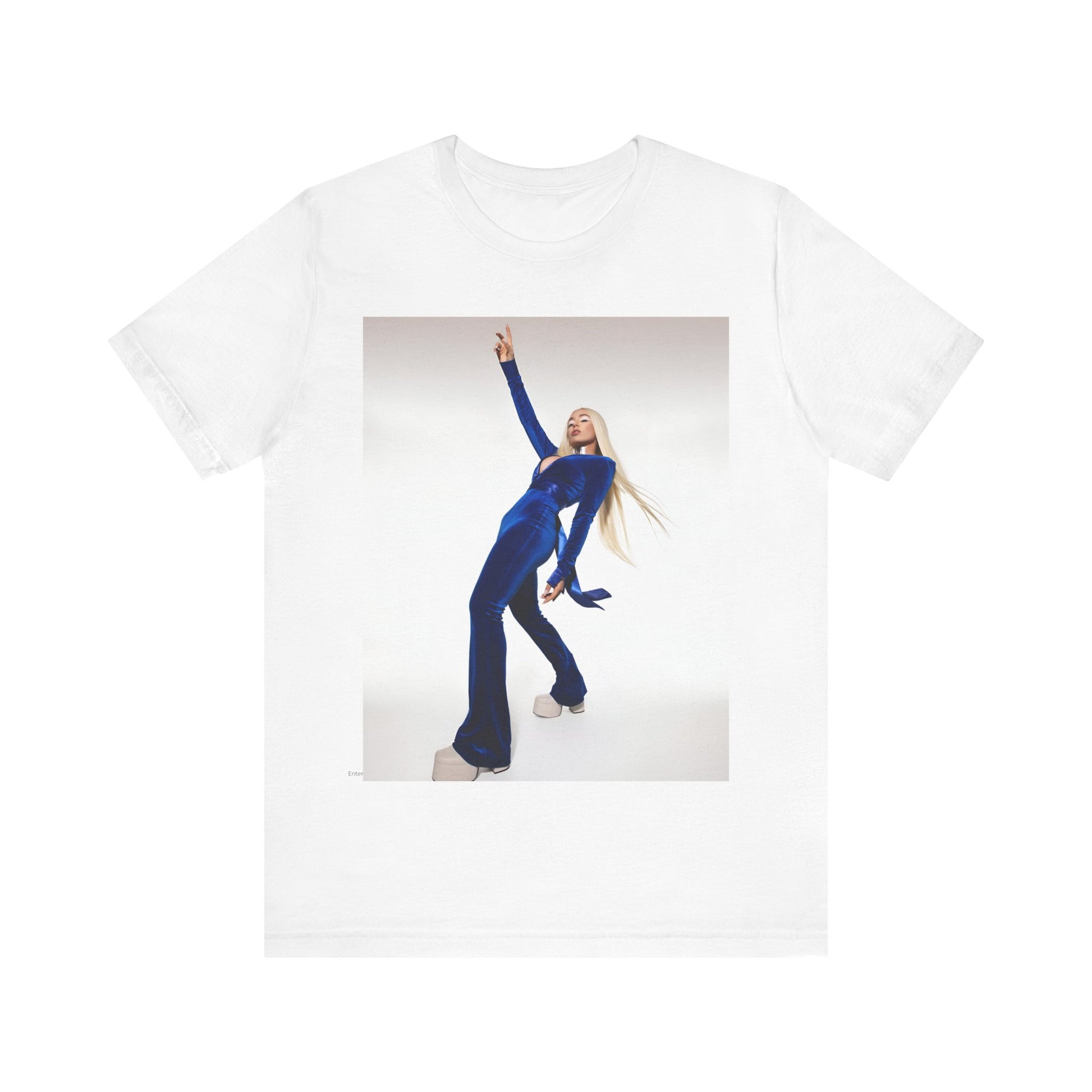 A black graphic t-shirt featuring Ava Max in a blue jumpsuit, in a graphic or photo style.