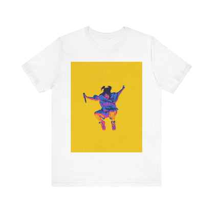 A stylized graphic of Billie Eilish jumping in the air with a microphone, rendered with psychedelic thermal colors against a solid yellow background.