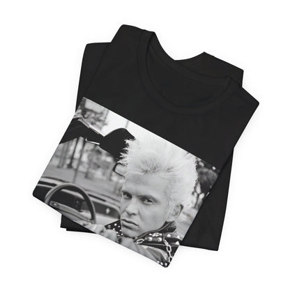 A black graphic t-shirt featuring a graphic of Billy Idol in a classic 80s punk rock pose.