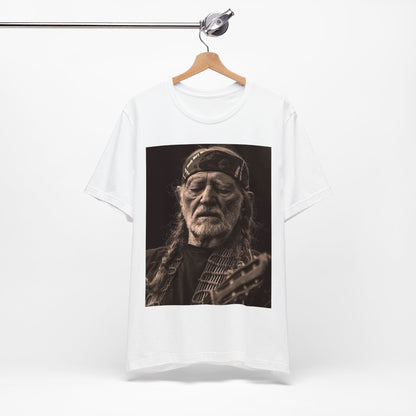 A black graphic t-shirt featuring a graphic of Willie Nelson with his iconic braids style.