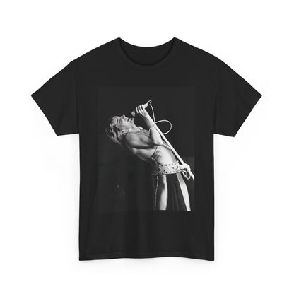 A black graphic t-shirt featuring a bold black and white graphic of Rod Stewart as a rock superstar.