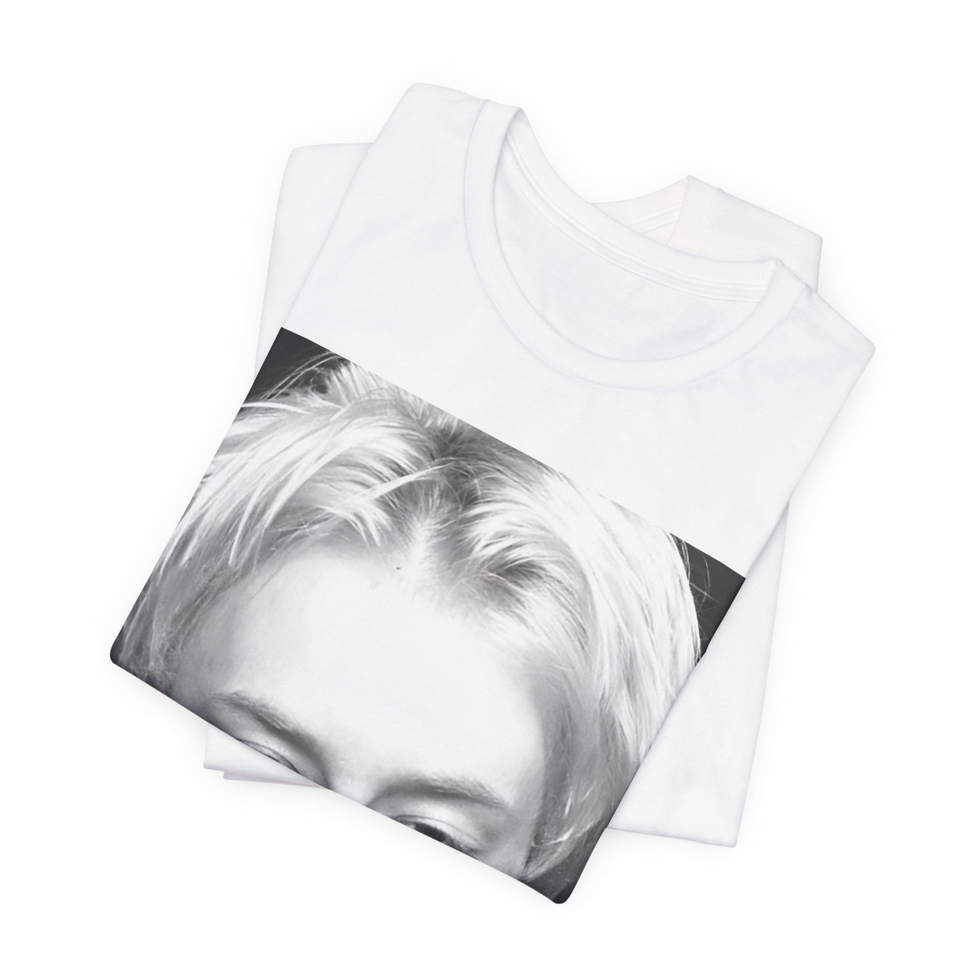 A black graphic t-shirt featuring a 90s black and white portrait photo of Thom Yorke from Radiohead.