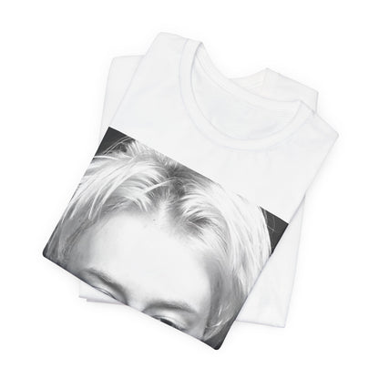 A black graphic t-shirt featuring a 90s black and white portrait photo of Thom Yorke from Radiohead.