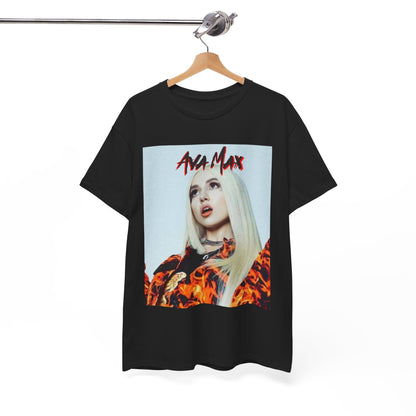 A black graphic t-shirt featuring a dynamic and 'hot' graphic of Ava Max, emphasizing her energetic pop star persona.